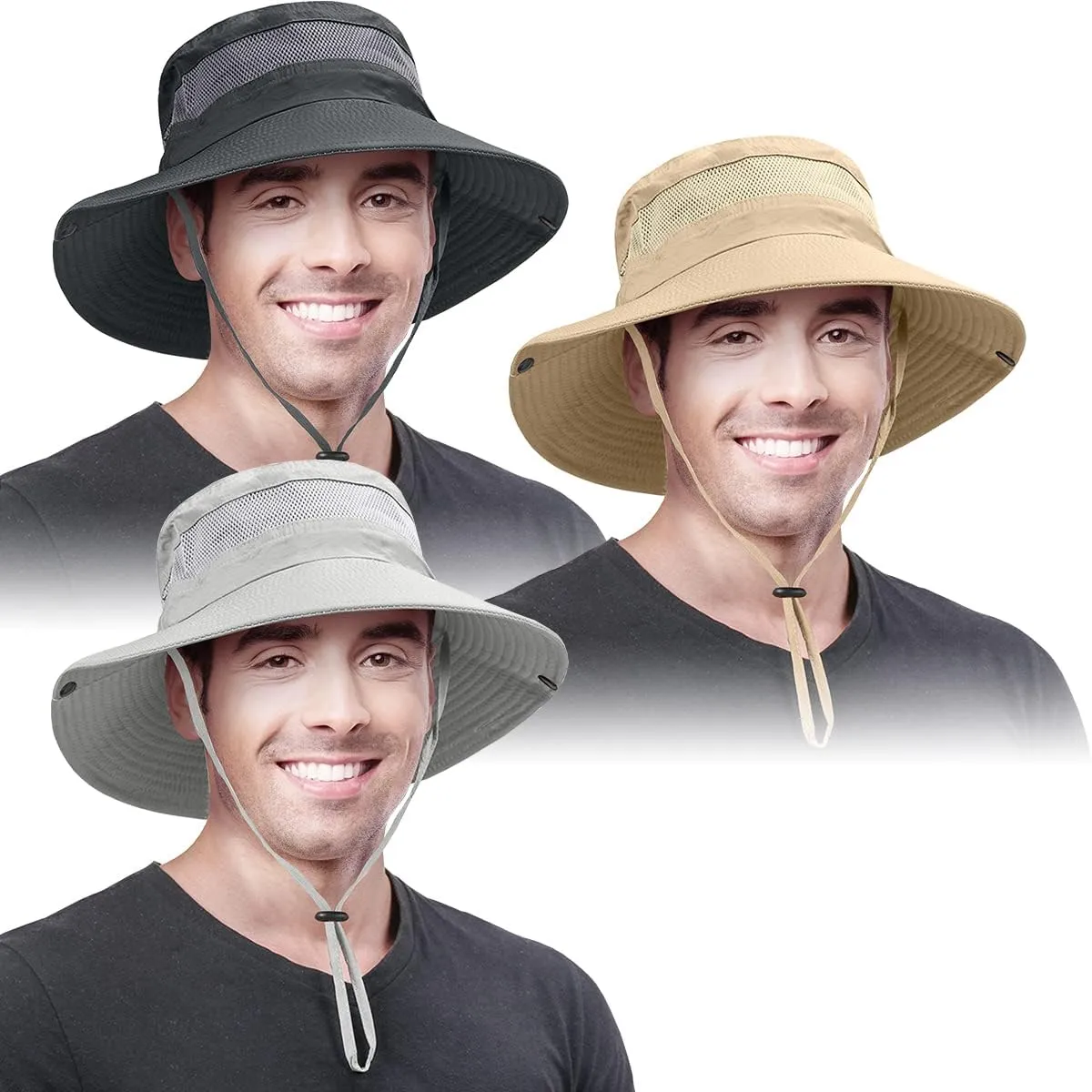 3 Pack Mens Boonie Sun Hat UV Protection Outdoor Bucket Fishing Hat for Hiking Safari & Gardening