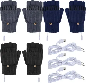 3 Pairs USB Heated Gloves for Men Women Hand Warmers Fingerless Gloves Winter Knit Heating Hands Full Half Fingerless Mitten