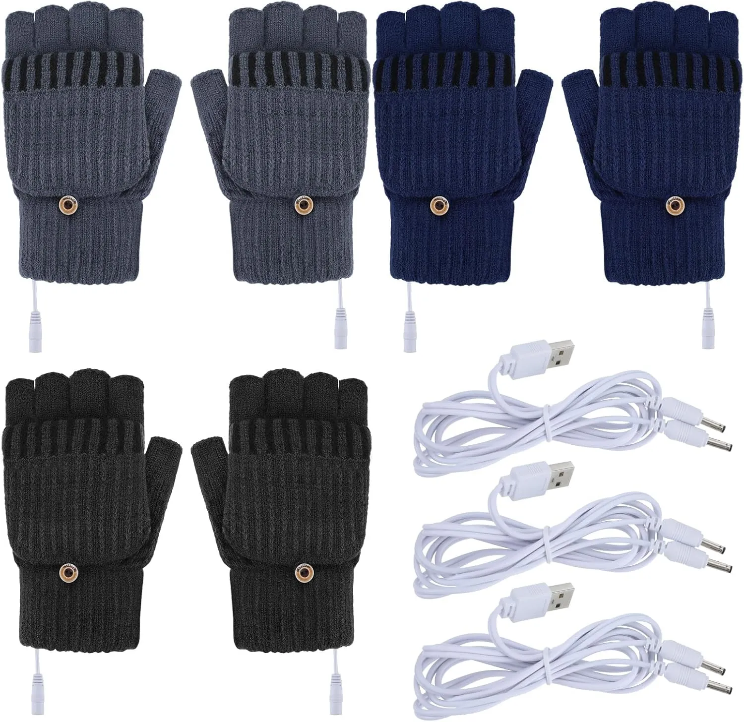 3 Pairs USB Heated Gloves for Men Women Hand Warmers Fingerless Gloves Winter Knit Heating Hands Full Half Fingerless Mitten