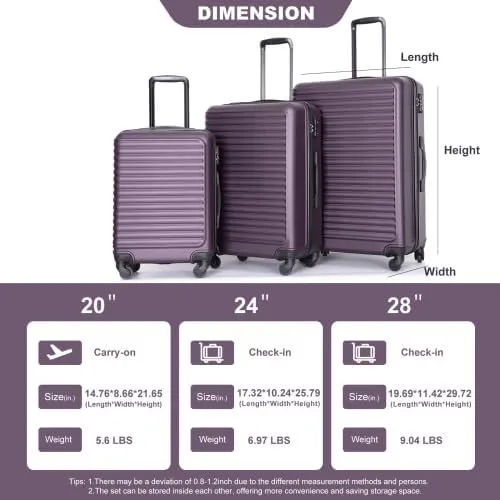 3 Piece Lightweight Luggage Set with 360 Spinner Wheels & TSA Lock, Nesting Suitcases 20/24/28 Inch for Travel, 2 Hooks & Expandable Storage, Purple