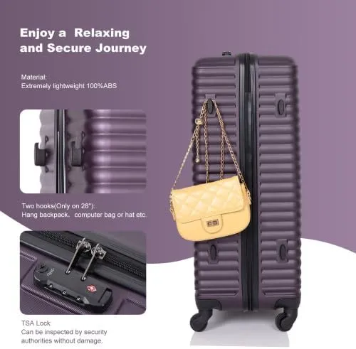 3 Piece Lightweight Luggage Set with 360 Spinner Wheels & TSA Lock, Nesting Suitcases 20/24/28 Inch for Travel, 2 Hooks & Expandable Storage, Purple