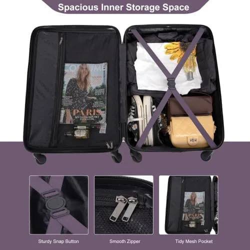 3 Piece Lightweight Luggage Set with 360 Spinner Wheels & TSA Lock, Nesting Suitcases 20/24/28 Inch for Travel, 2 Hooks & Expandable Storage, Purple