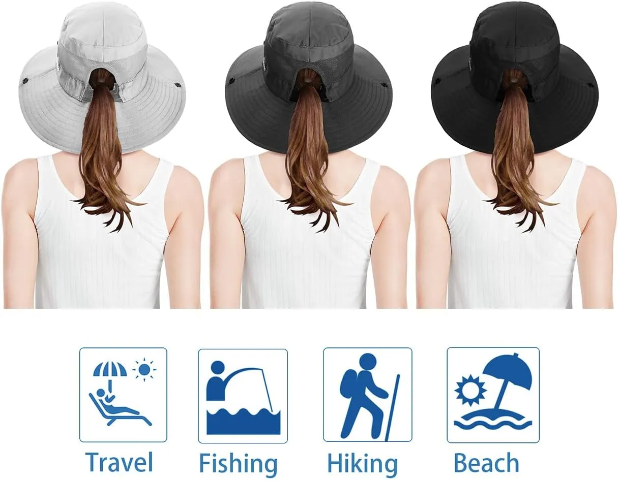 3 Pieces Womens Ponytail Wide Brim Sun Hat Packable UV Protection Beach Cap for Fishing & Hiking