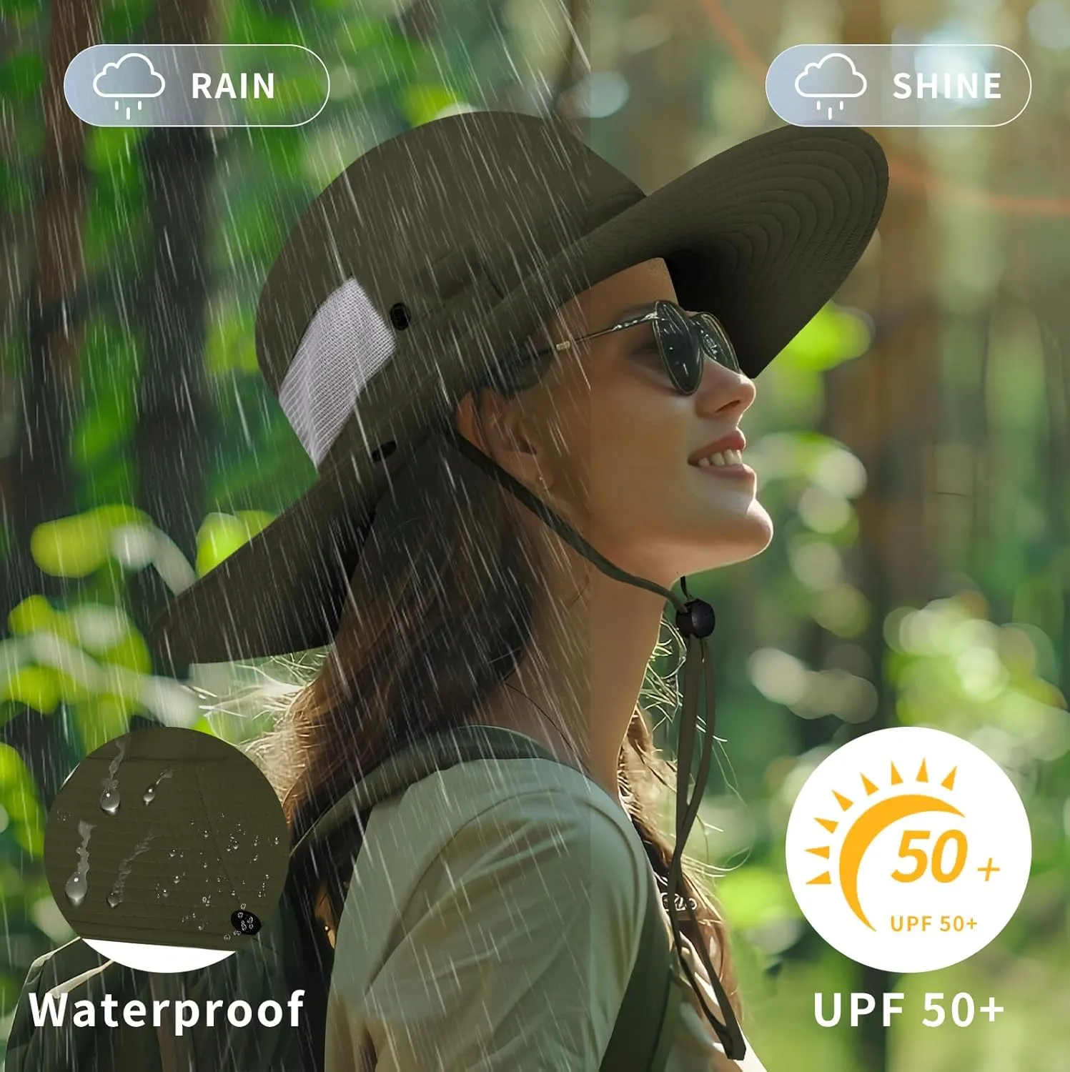 BEARAE Fishing Hat, UPF 50  UV Protection Hiking Beach Bucket Hat, Adjustable Waterproof Wide Brim Sun Hats for Men Women