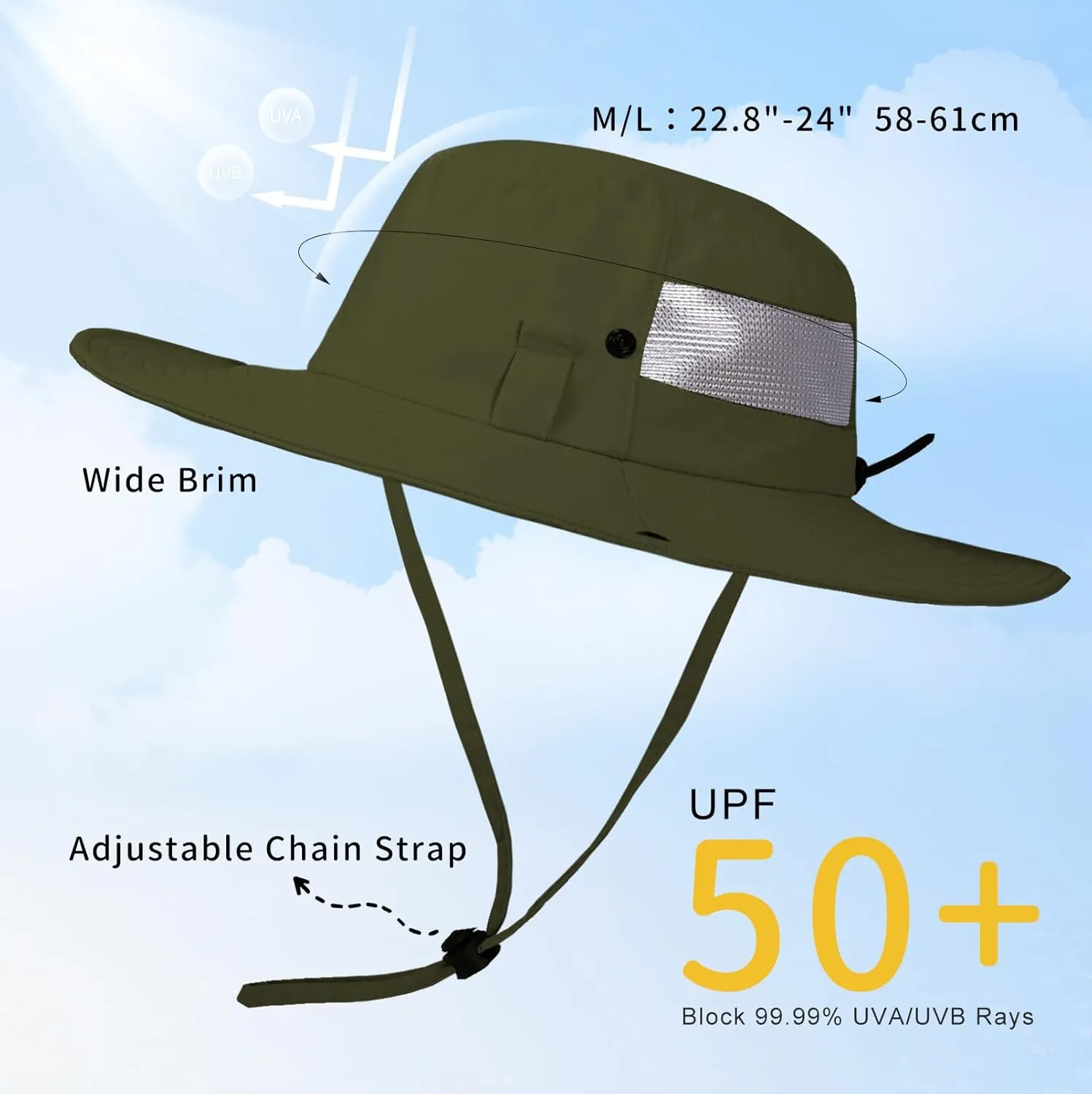 BEARAE Fishing Hat, UPF 50  UV Protection Hiking Beach Bucket Hat, Adjustable Waterproof Wide Brim Sun Hats for Men Women