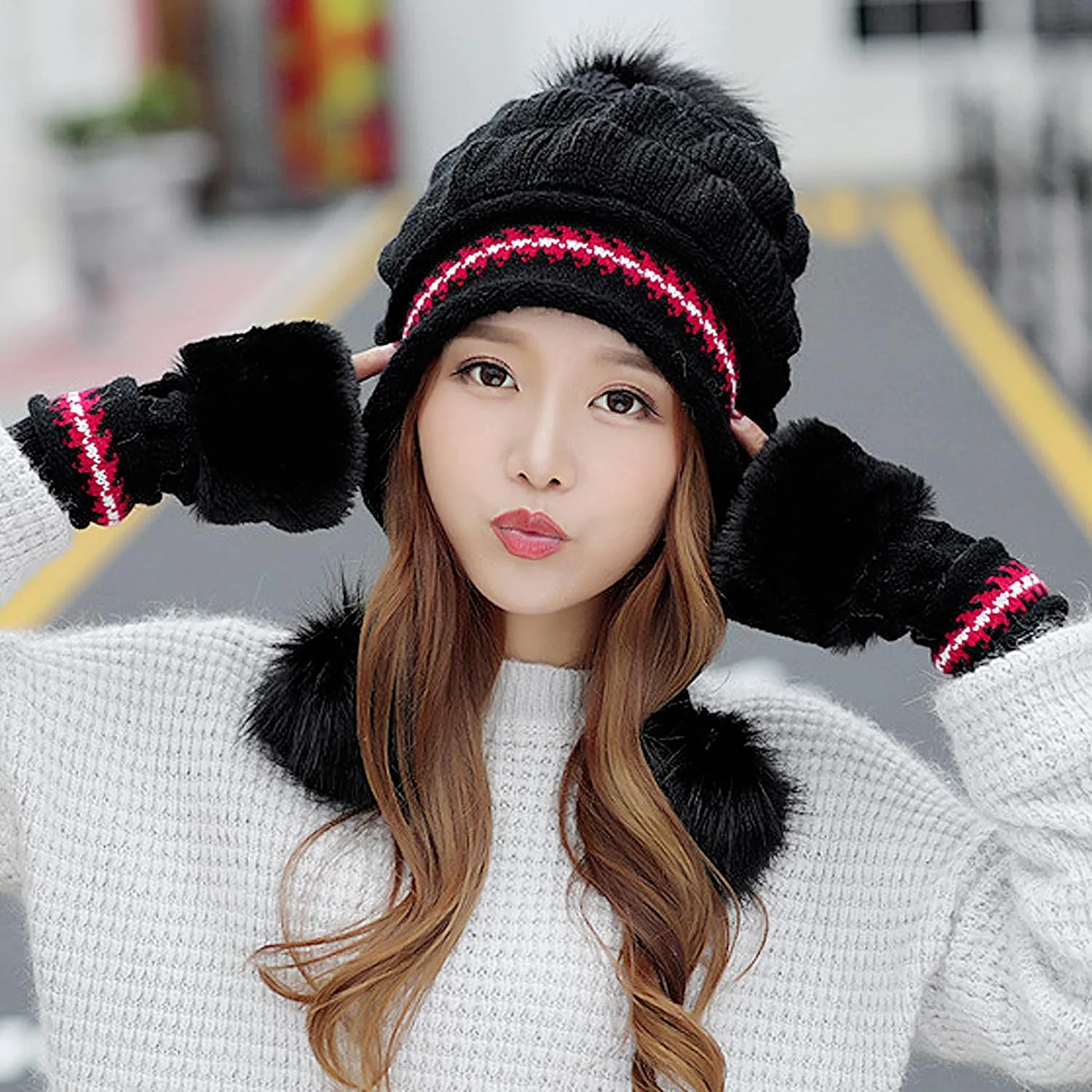 Bellady Women Knit Beanie Winter Ski Hat Cap with Earflap Pom Glove Set