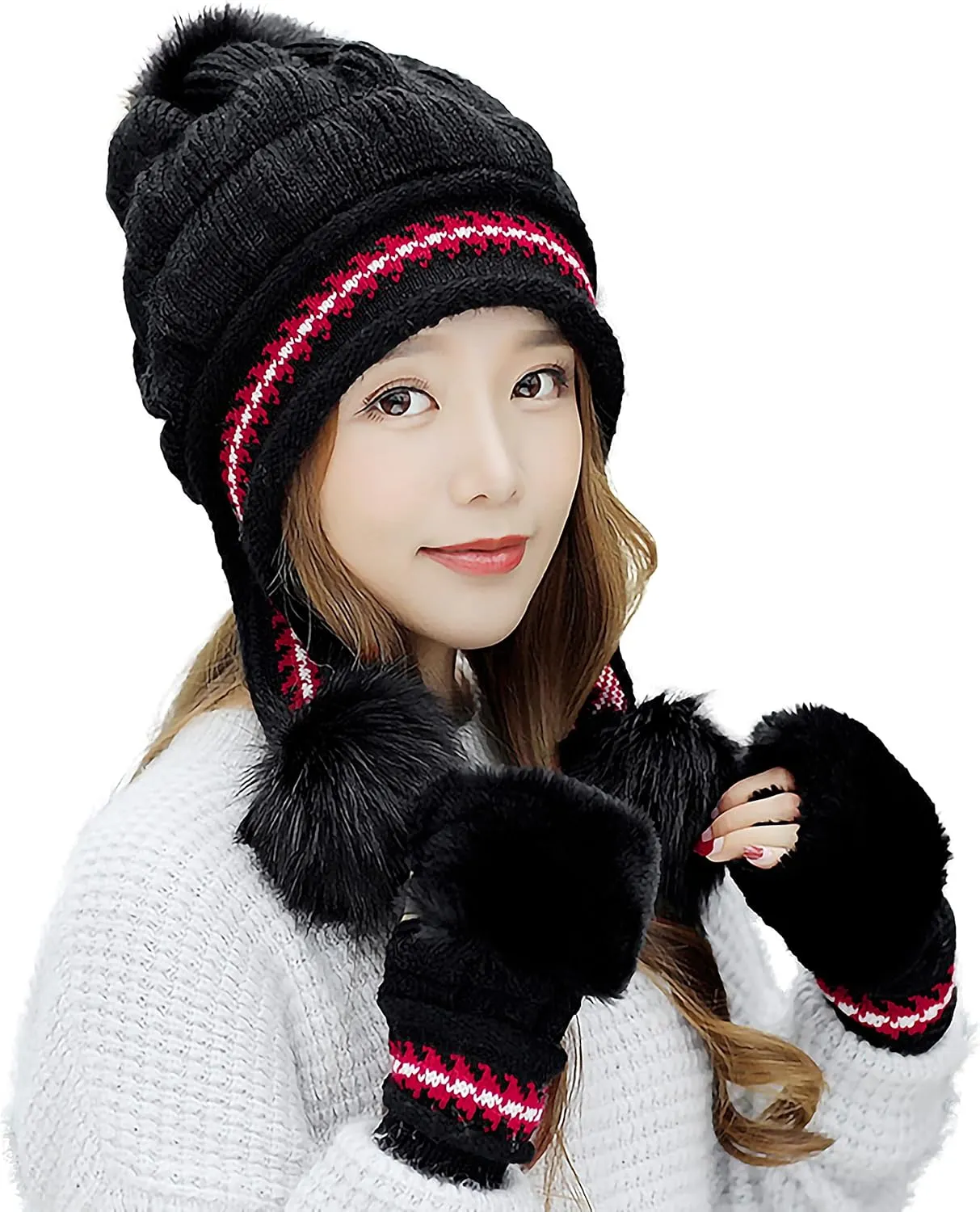 Bellady Women Knit Beanie Winter Ski Hat Cap with Earflap Pom Glove Set