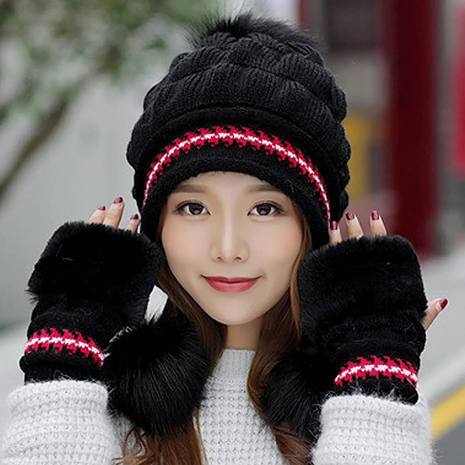 Bellady Women Knit Beanie Winter Ski Hat Cap with Earflap Pom Glove Set