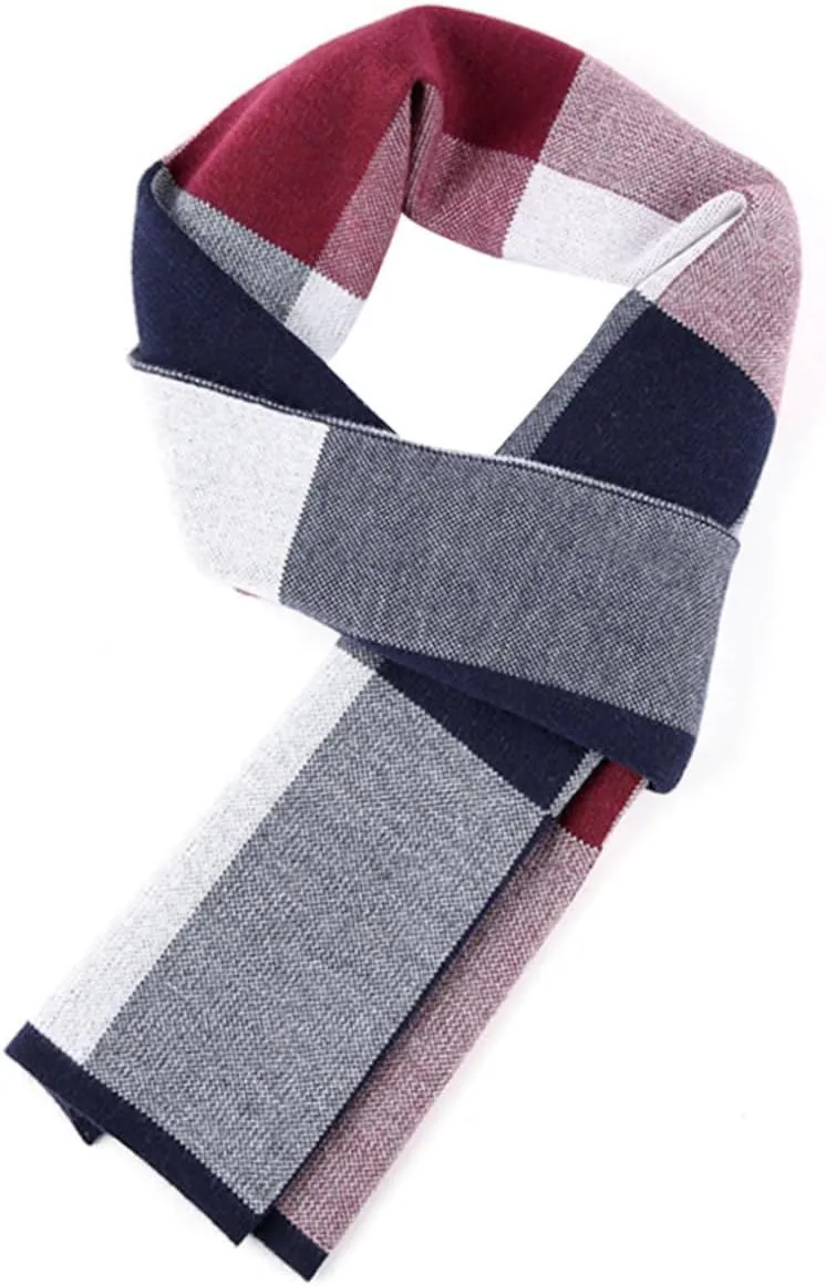 BESTYASH Men's Cashmere Winter Scarf Long Plaid Scarf for Men Red Blue Warm Neck Warmer for Cold Weather