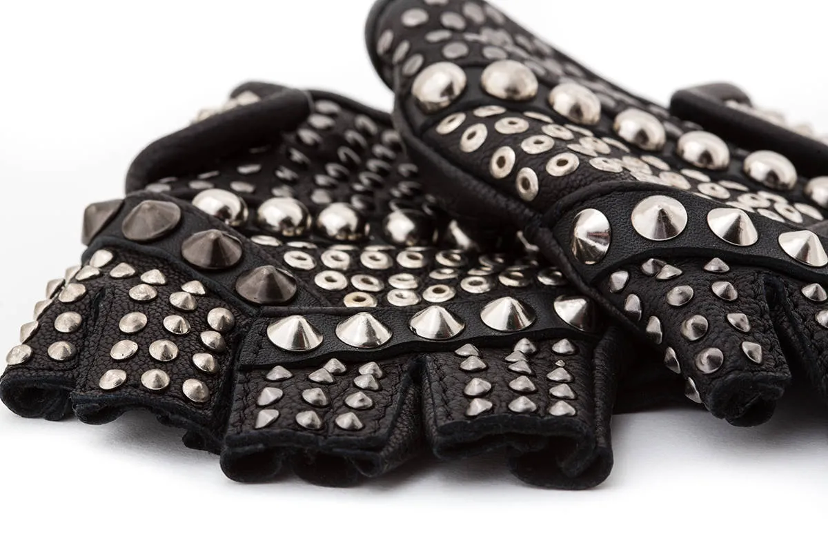 Blam Rock Black Leather Studded Fingerless Gloves