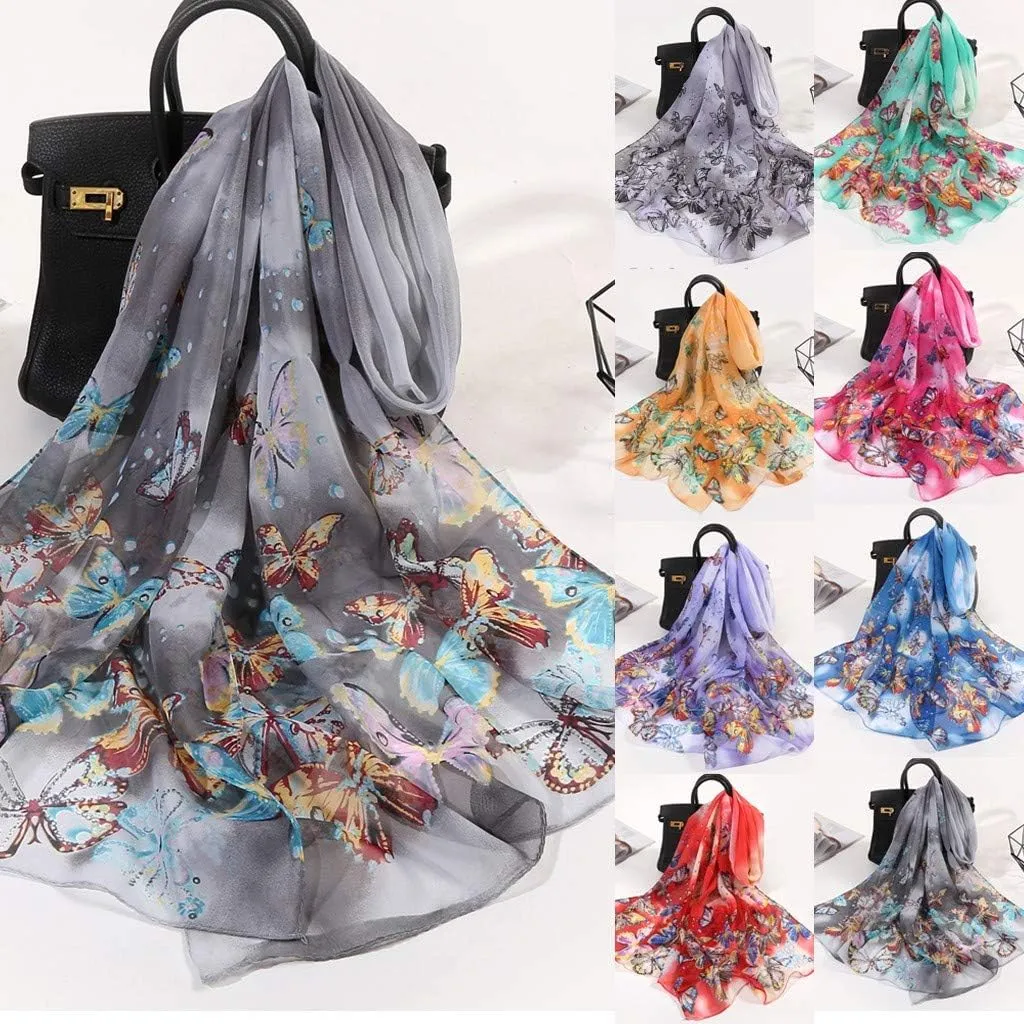 Boho Satin Silk Scarf for Women Lightweight Floral Pattern Fall Fashion Neckerchief Sunscreen Beach Muffler Shawl