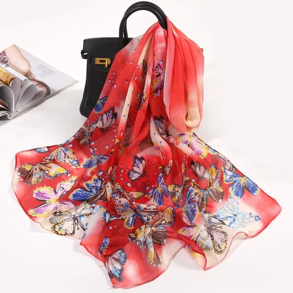 Boho Satin Silk Scarf for Women Lightweight Floral Pattern Fall Fashion Neckerchief Sunscreen Beach Muffler Shawl
