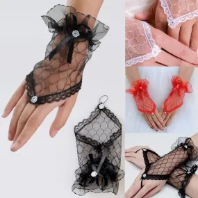 Bride Party Gloves Fingerless Sexy Lace Short Bow Gloves for Women