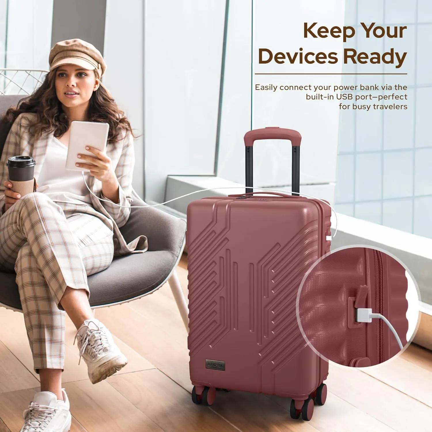 Carry On Luggage, Spinner Wheels Airline Approved 20 inch Lightweight Hard-shell Suitcase with Built-in TSA Lock and USB Port, Burgundy