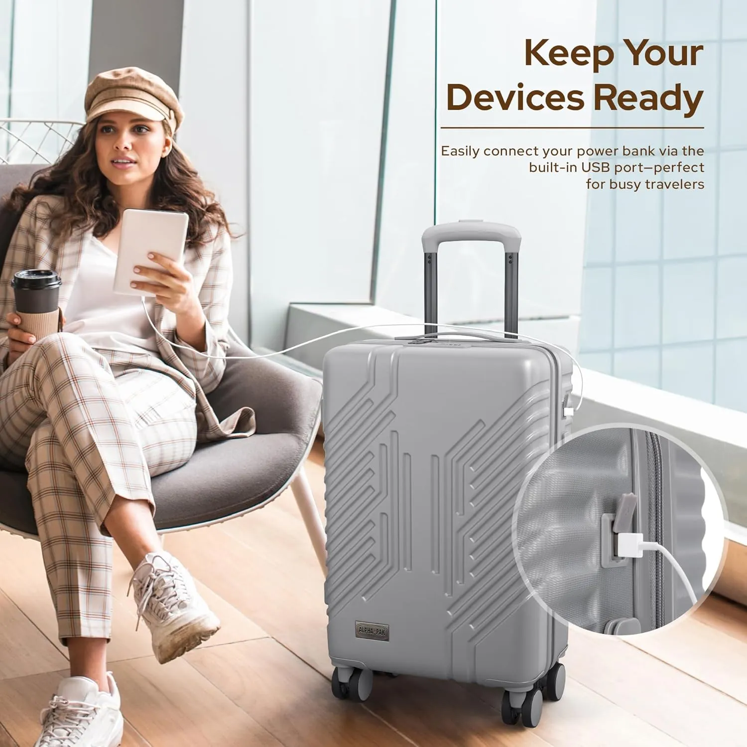 Carry On Luggage, Spinner Wheels Airline Approved 20 inch Lightweight Hard-shell Suitcase with Built-in TSA Lock and USB Port, Light gray