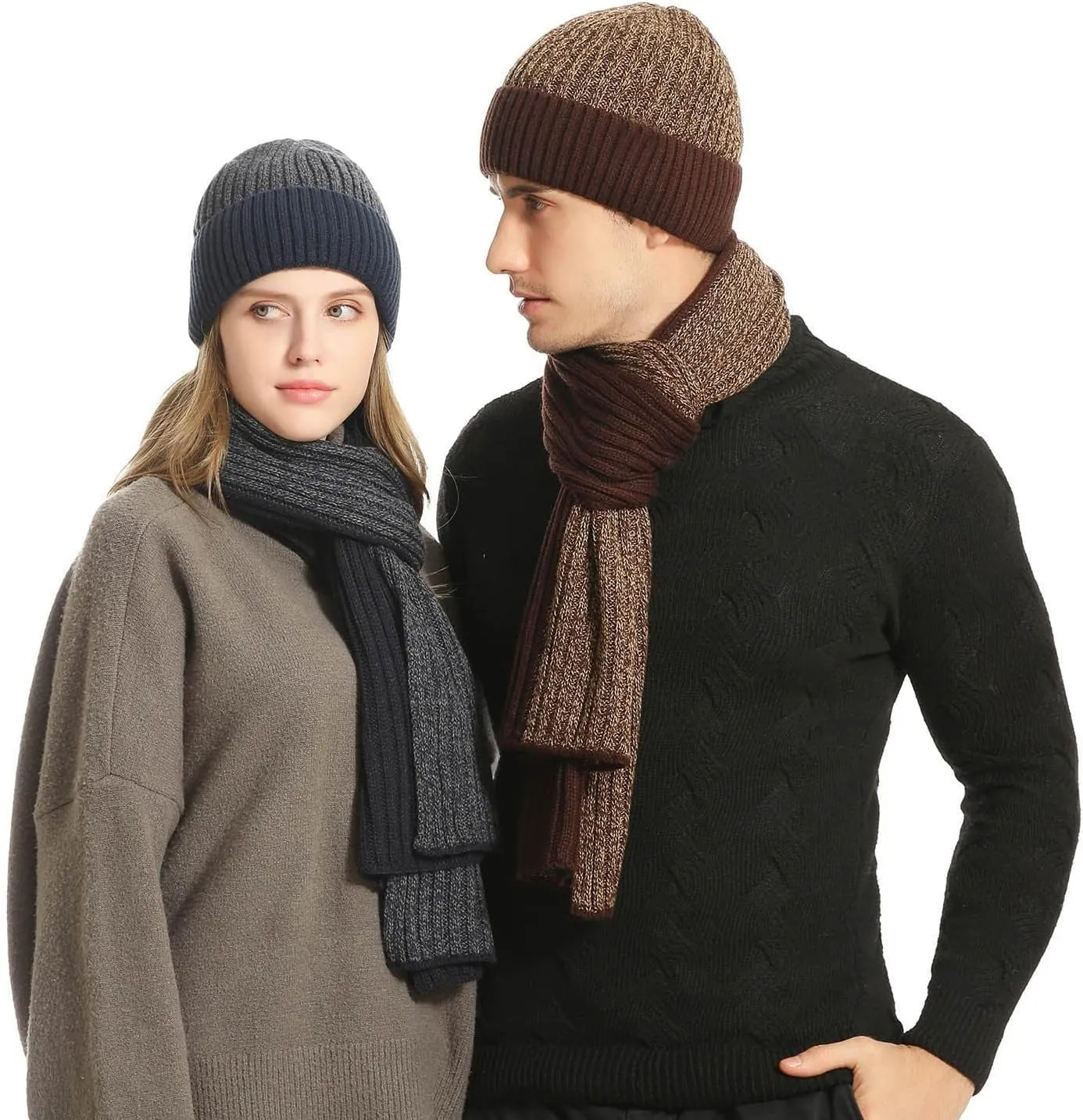 Cuffed Beanie & Magic Glove Gift Set Accessory Winter Warm Wool Hat with Fleece Lined Pom Caps 3 in 1 Set for Gift