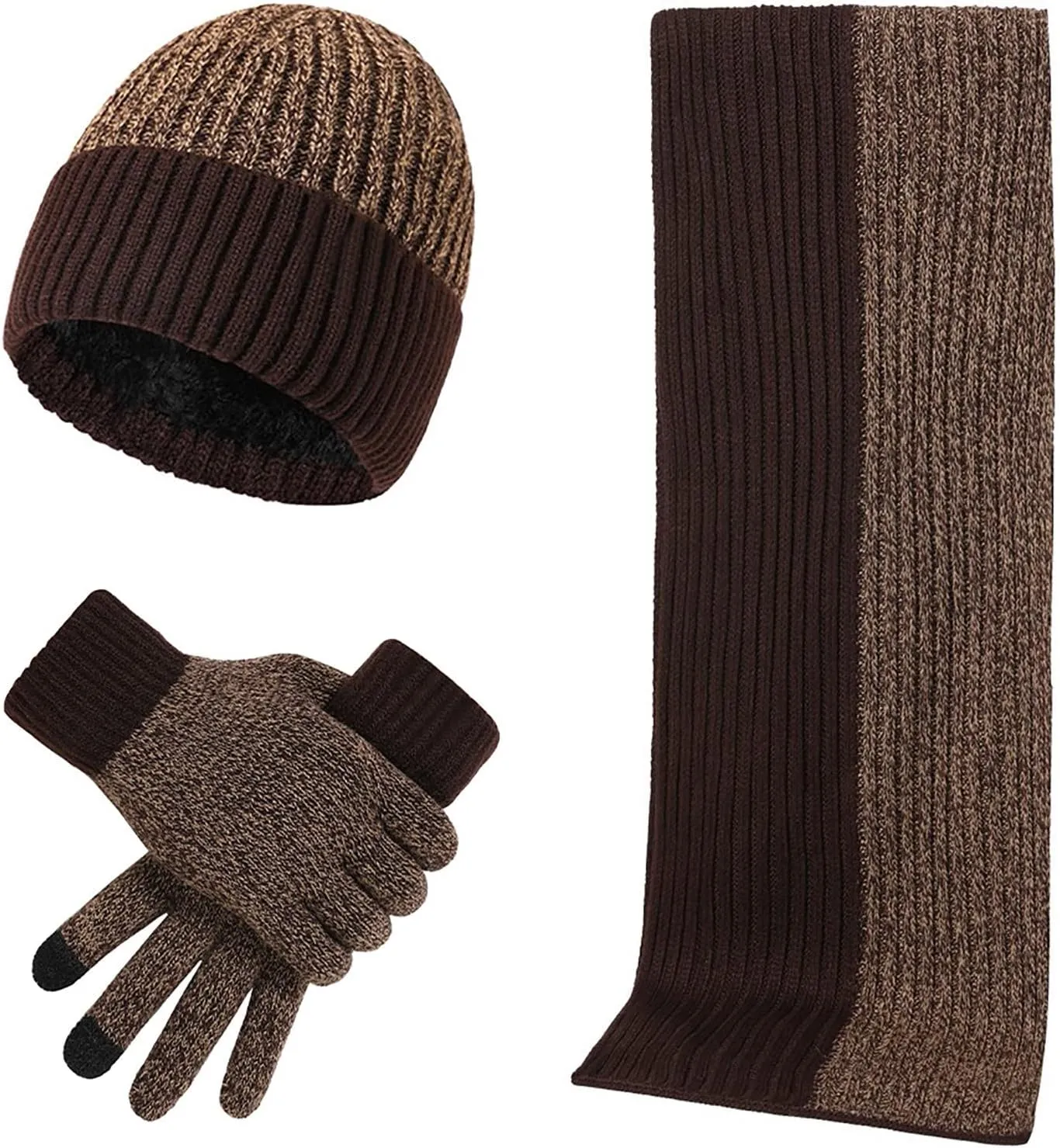 Cuffed Beanie & Magic Glove Gift Set Accessory Winter Warm Wool Hat with Fleece Lined Pom Caps 3 in 1 Set for Gift