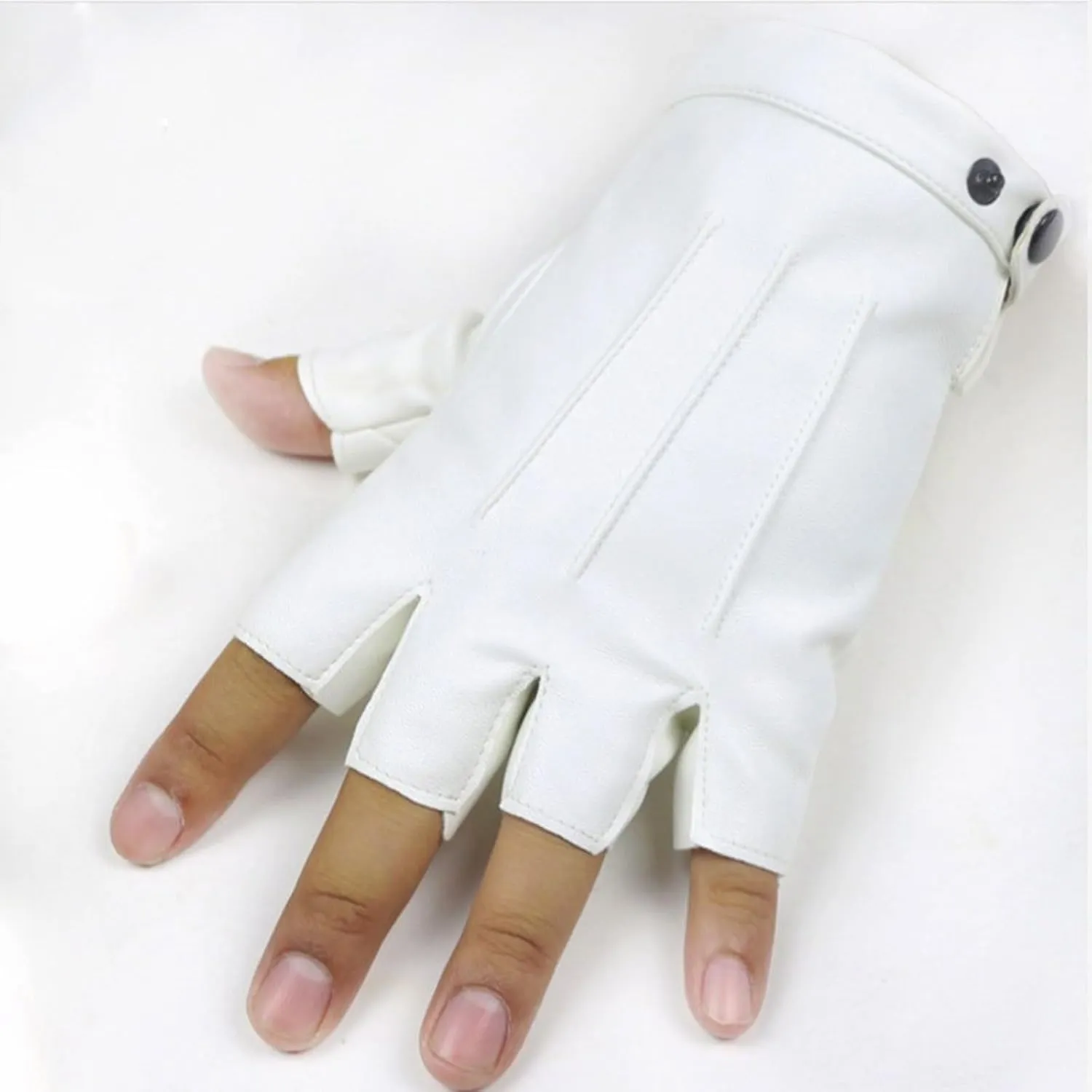 Fingerless Driving Gloves PU Faux Leather Outdoor Sport Halloween Cosplay Costume Half Finger Glove For Men Women Gloves (White, One Size)