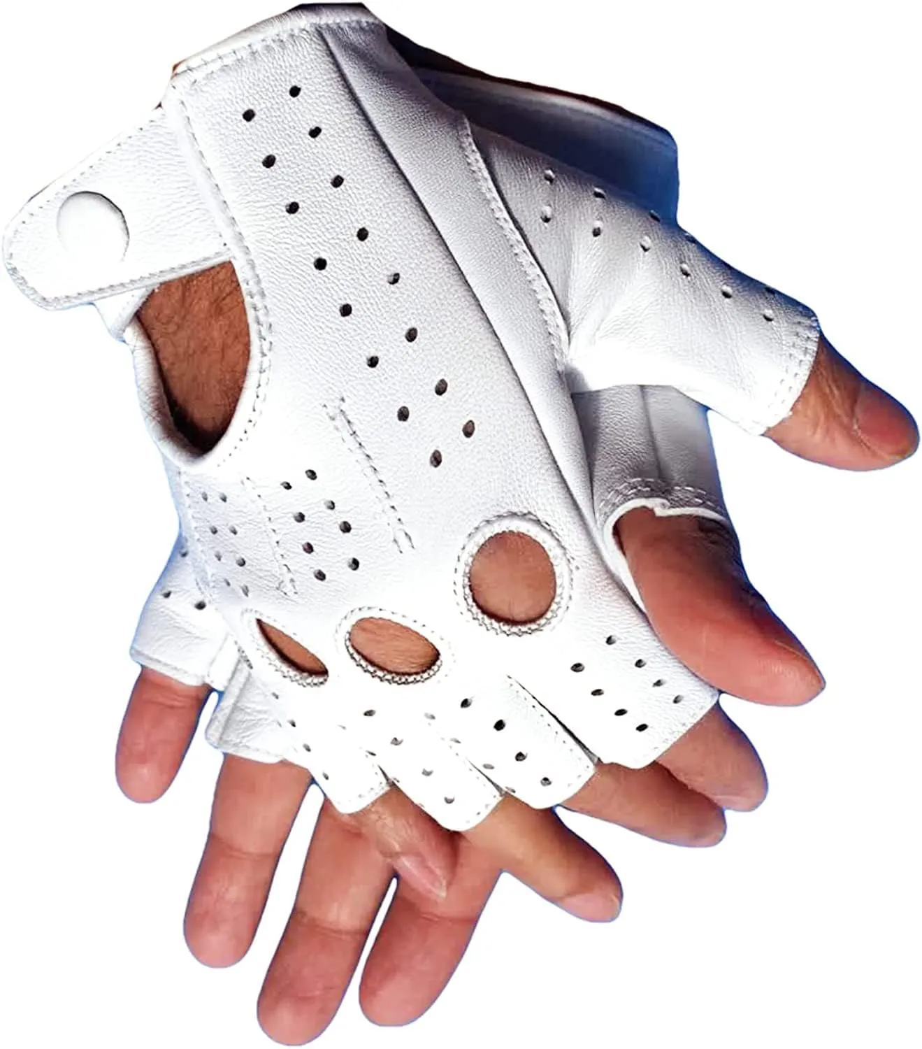 GeRRiT Men's Genuine Sheep Leather Half Finger Driving Cycling Motorbike Exercise and Fitness Fingerless Unlined Gloves, Small, White