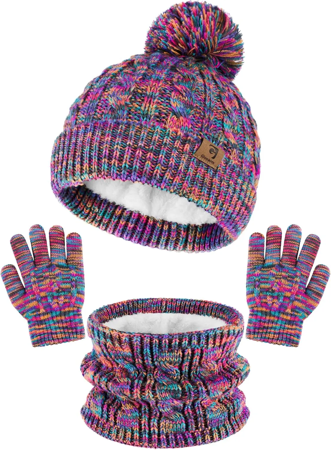 Glooarm Kids Winter Hat Gloves Scarf Set, Girls Toddler Winter Beanie Hat with Pom Knit Neck Warmer Gloves Fleece Lined Set