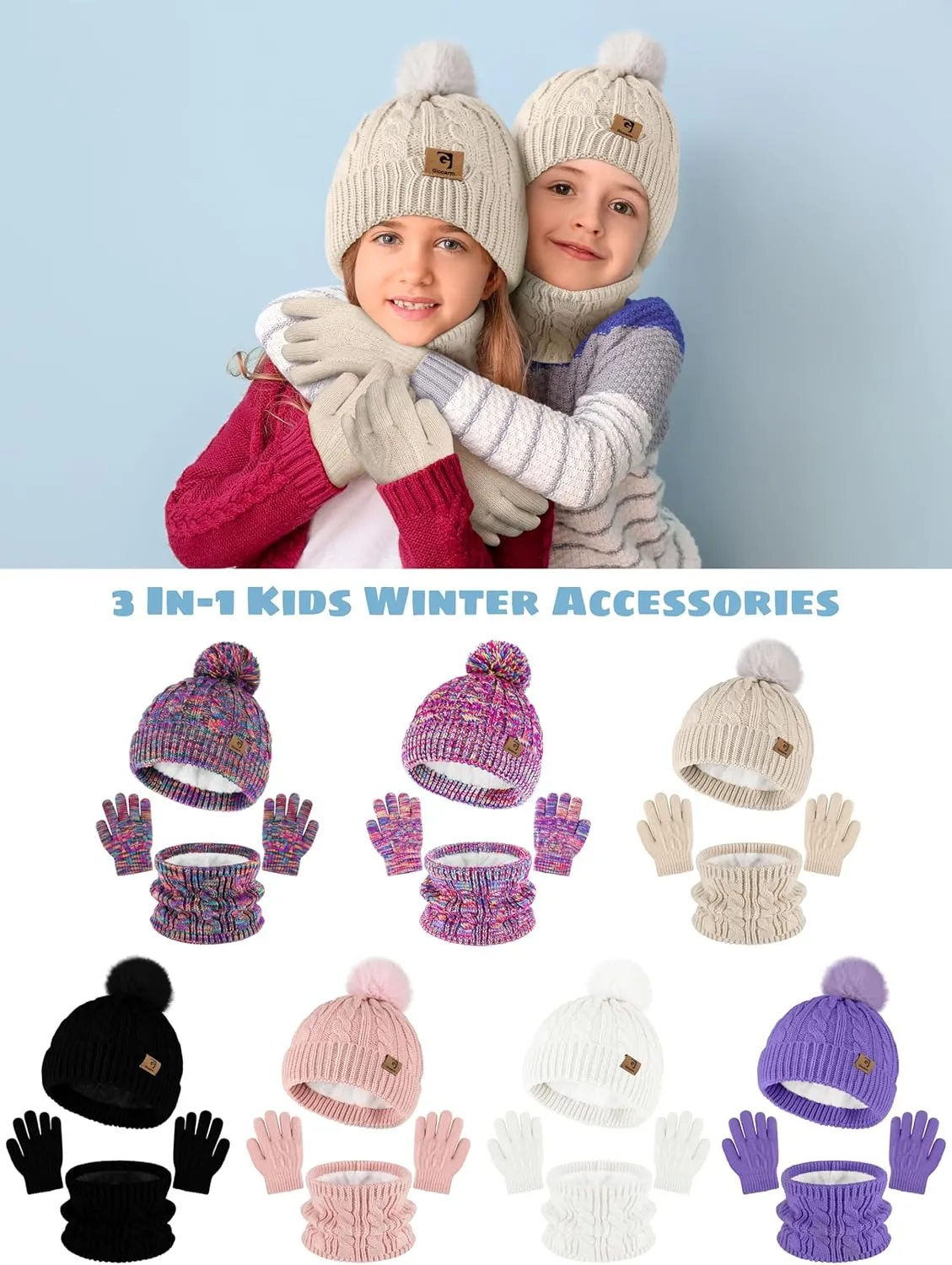 Glooarm Kids Winter Hat Gloves Scarf Set, Girls Toddler Winter Beanie Hat with Pom Knit Neck Warmer Gloves Fleece Lined Set