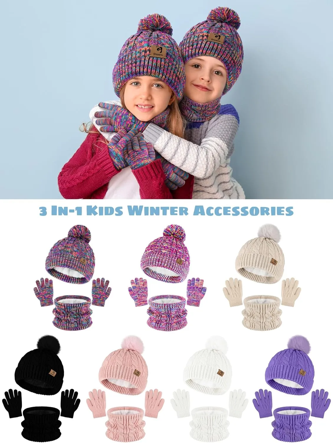 Glooarm Kids Winter Hat Gloves Scarf Set, Girls Toddler Winter Beanie Hat with Pom Knit Neck Warmer Gloves Fleece Lined Set