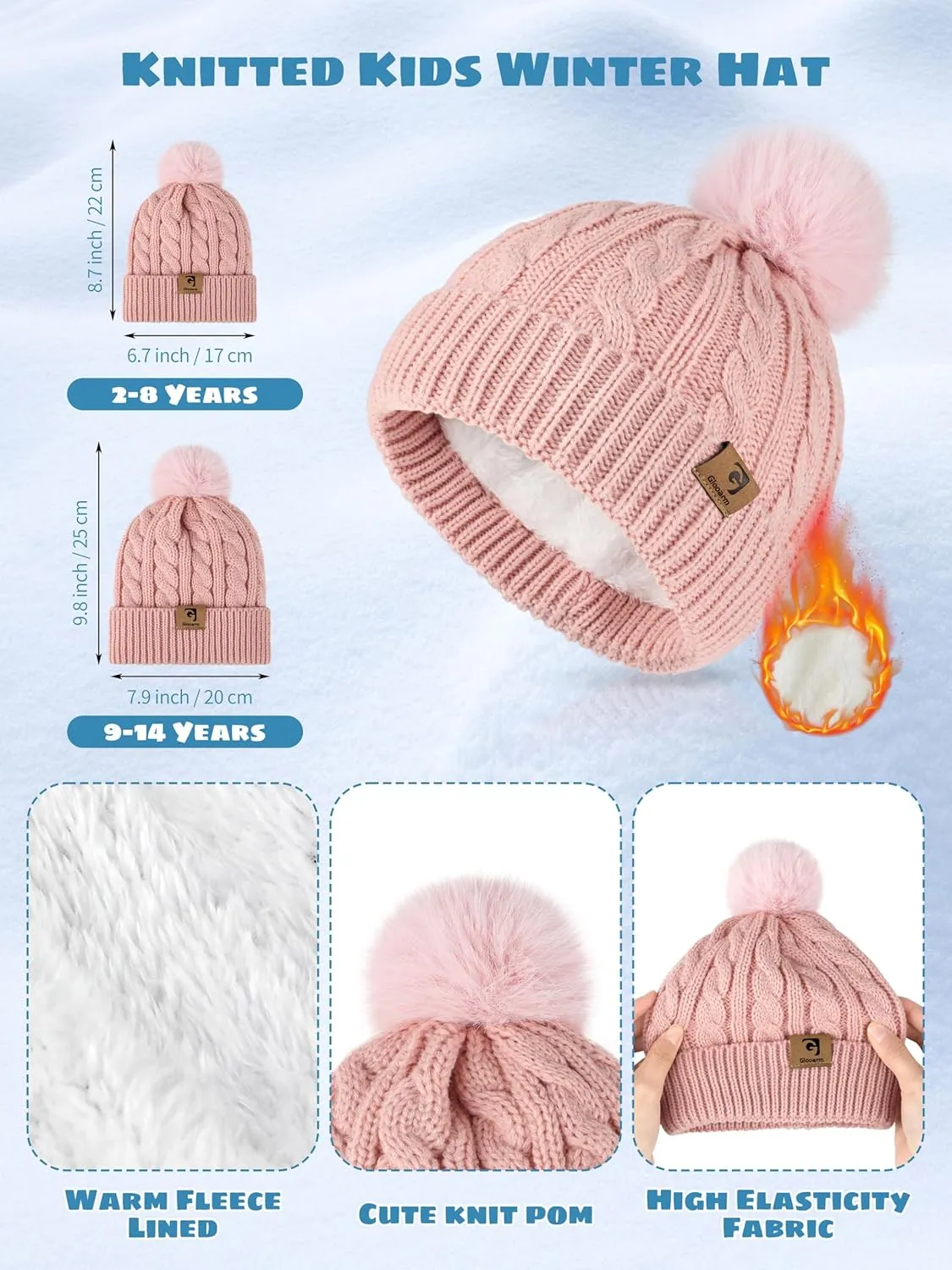 Glooarm Kids Winter Hat Gloves Scarf Set, Girls Toddler Winter Beanie Hat with Pom Knit Neck Warmer Gloves Fleece Lined Set