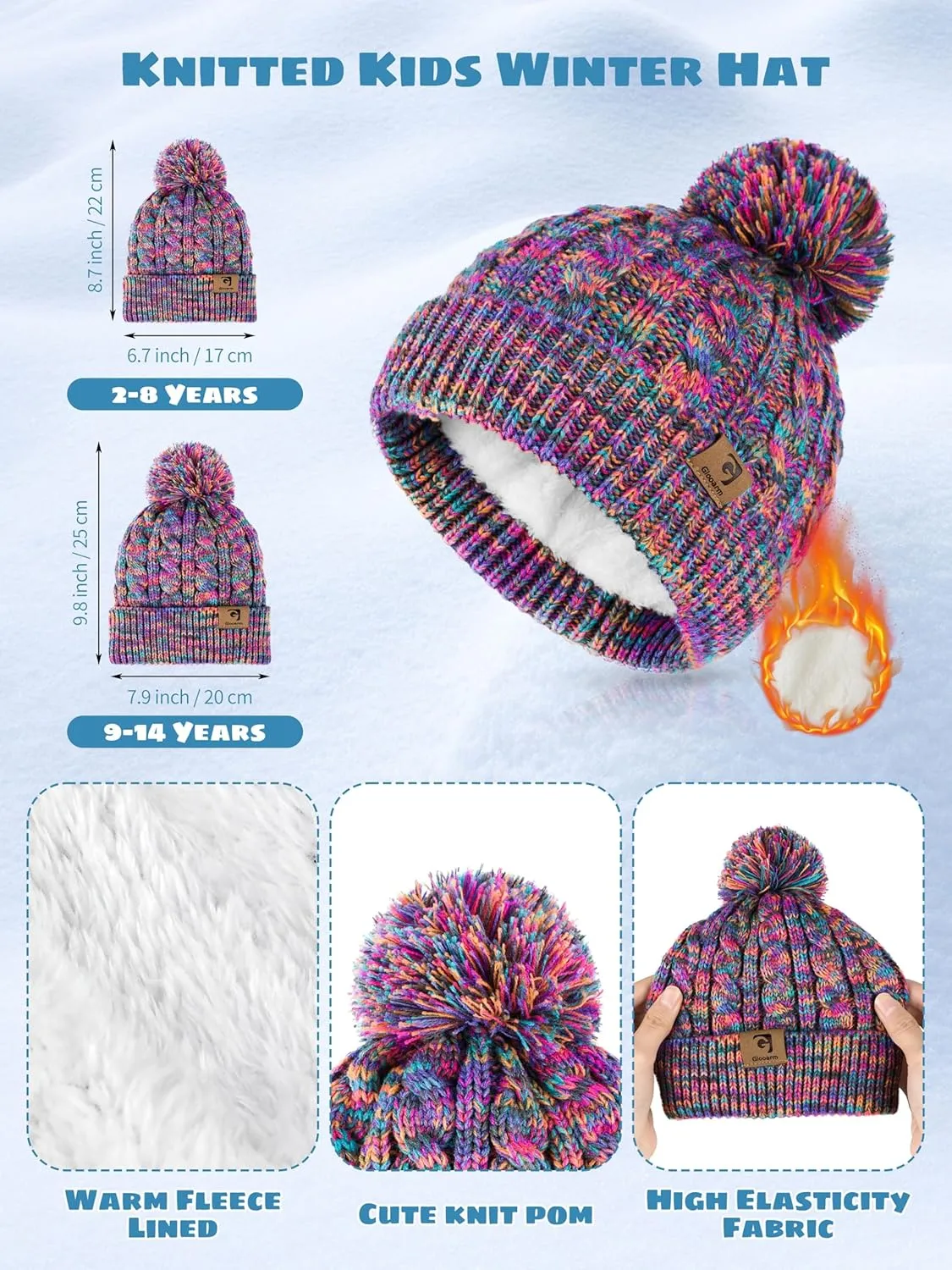 Glooarm Kids Winter Hat Gloves Scarf Set, Girls Toddler Winter Beanie Hat with Pom Knit Neck Warmer Gloves Fleece Lined Set