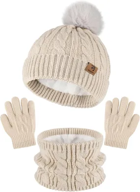 Glooarm Kids Winter Hat Gloves Scarf Set, Girls Toddler Winter Beanie Hat with Pom Knit Neck Warmer Gloves Fleece Lined Set