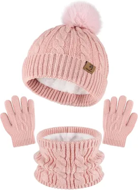 Glooarm Kids Winter Hat Gloves Scarf Set, Girls Toddler Winter Beanie Hat with Pom Knit Neck Warmer Gloves Fleece Lined Set