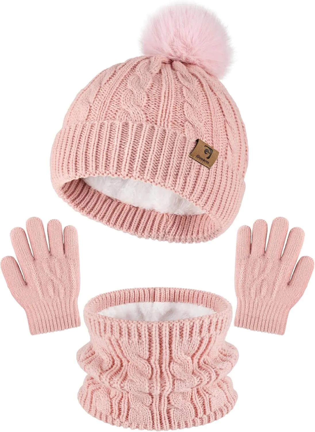 Glooarm Kids Winter Hat Gloves Scarf Set, Girls Toddler Winter Beanie Hat with Pom Knit Neck Warmer Gloves Fleece Lined Set