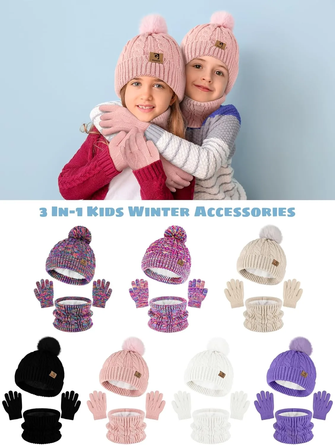 Glooarm Kids Winter Hat Gloves Scarf Set, Girls Toddler Winter Beanie Hat with Pom Knit Neck Warmer Gloves Fleece Lined Set