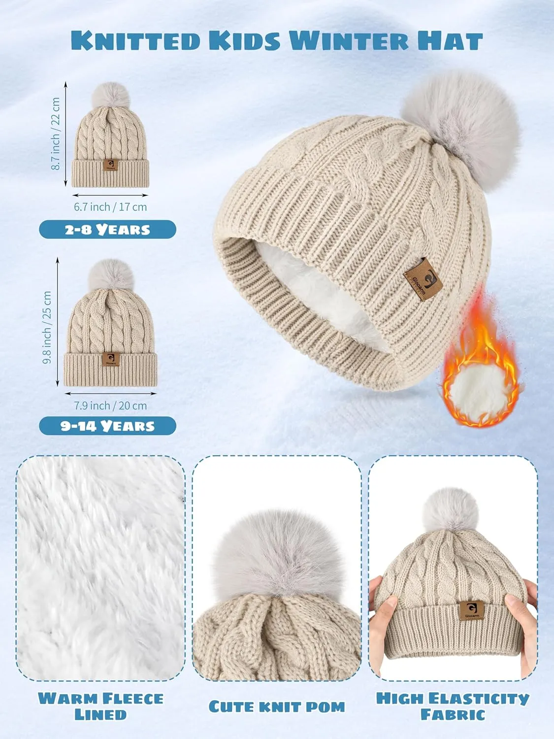 Glooarm Kids Winter Hat Gloves Scarf Set, Girls Toddler Winter Beanie Hat with Pom Knit Neck Warmer Gloves Fleece Lined Set