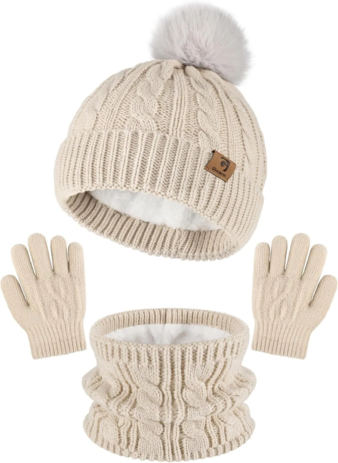 Glooarm Kids Winter Hat Gloves Scarf Set, Girls Toddler Winter Beanie Hat with Pom Knit Neck Warmer Gloves Fleece Lined Set