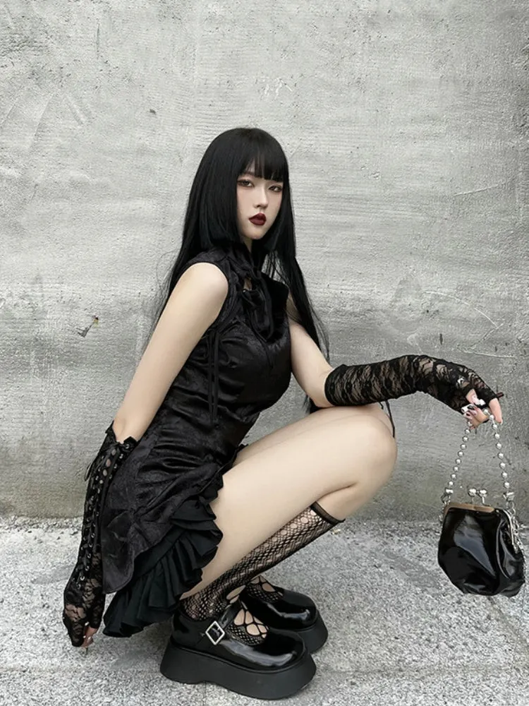 Gothic Black Fingerless Gloves with Lace-up Detail