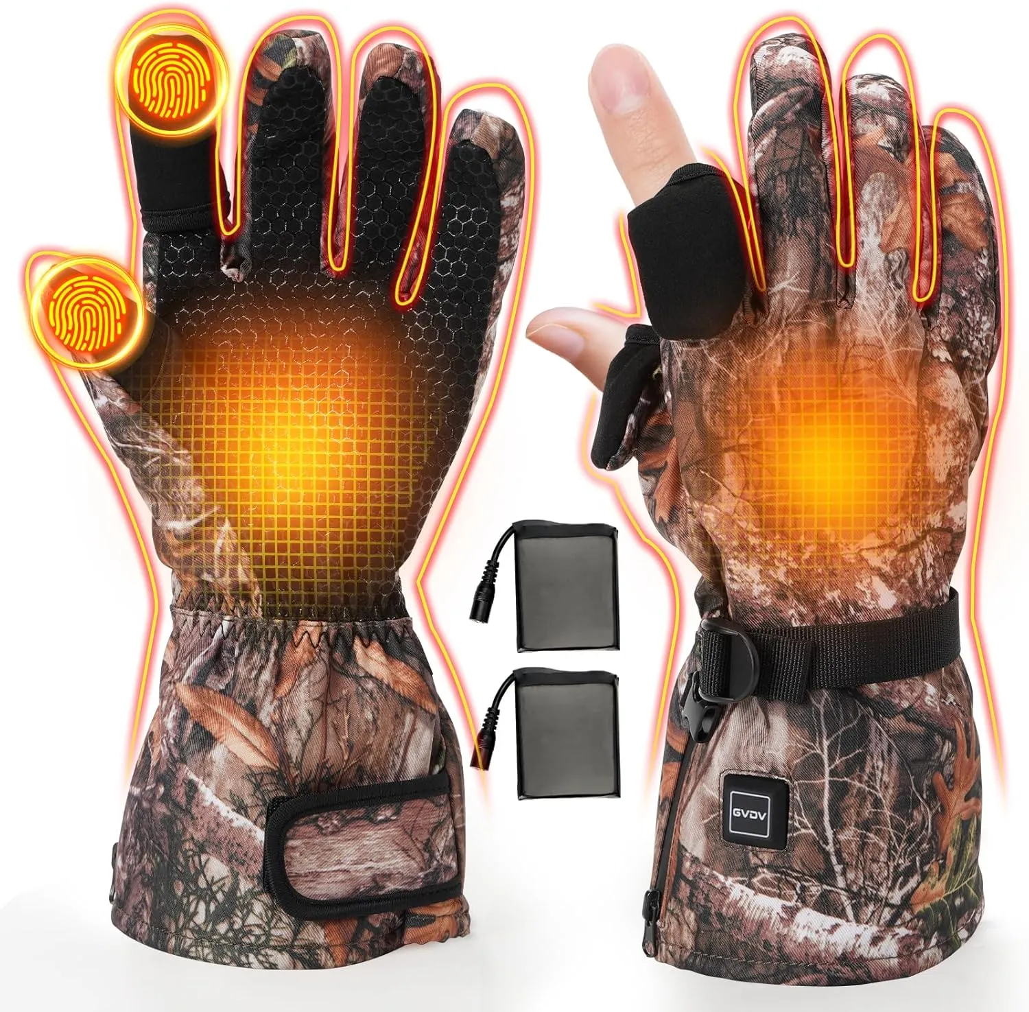 GVDV Hunting Heated Gloves for Men, 7.4V 3400mAh Rechargeable Touch Screen Heating Gloves with 2 Battery Packs, Winter Hand Warmers Glove for Outdoor Hunting Fishing Shooting Hiking, Camouflage