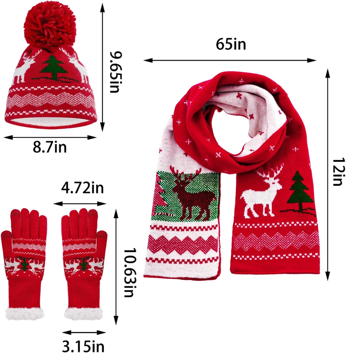 hoyuwak Knitted Hat Scarf Glove Set for Women, Pom Pom Beanie Warm Gloves Winter Scarf Winter Set for Christmas Cold Weather