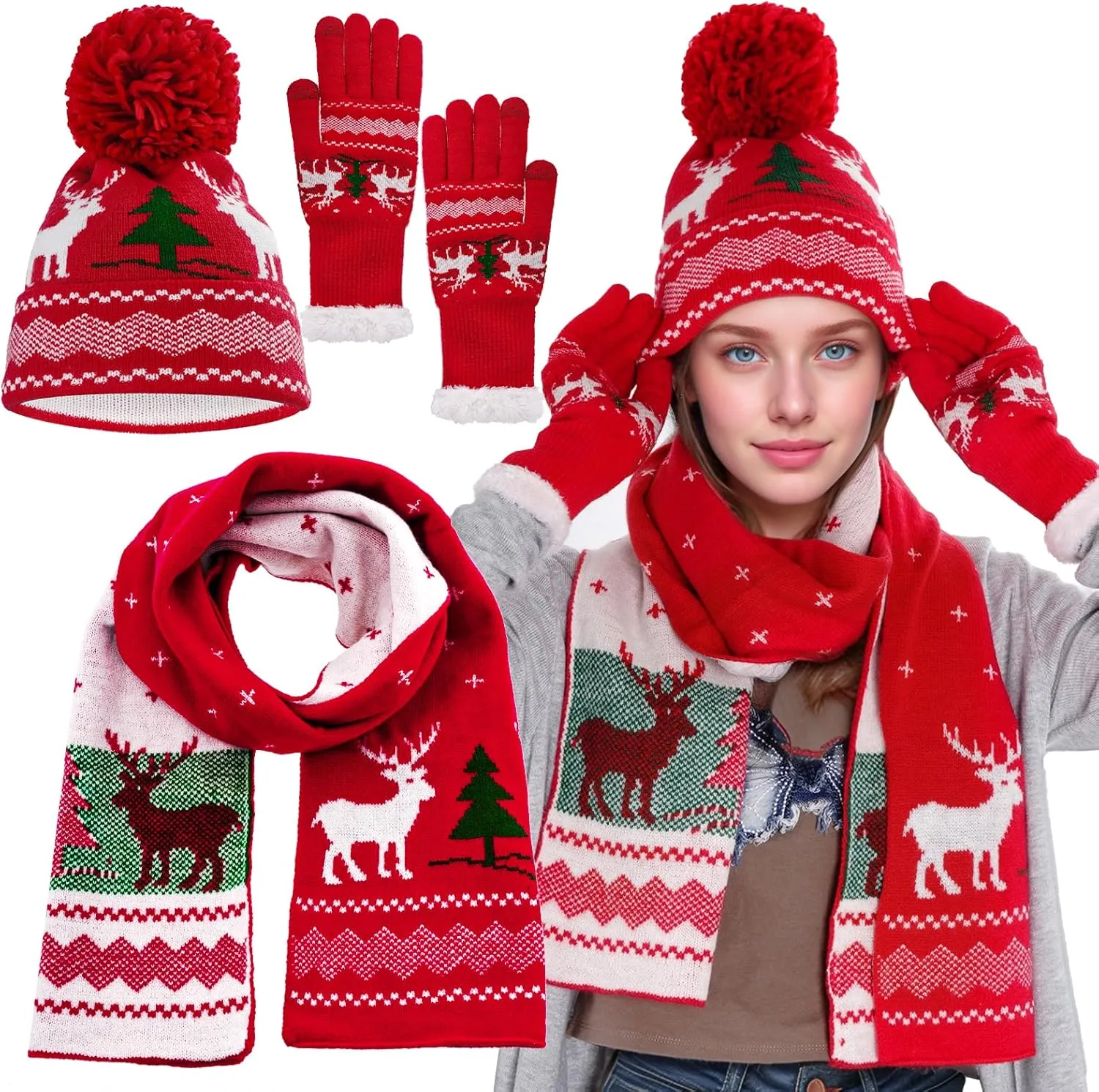 hoyuwak Knitted Hat Scarf Glove Set for Women, Pom Pom Beanie Warm Gloves Winter Scarf Winter Set for Christmas Cold Weather