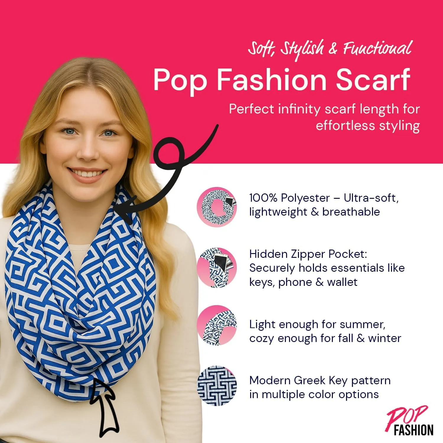 Infinity Scarf for Women - Travel Scarf with Hidden Pocket - Greek Key Pattern Scarves