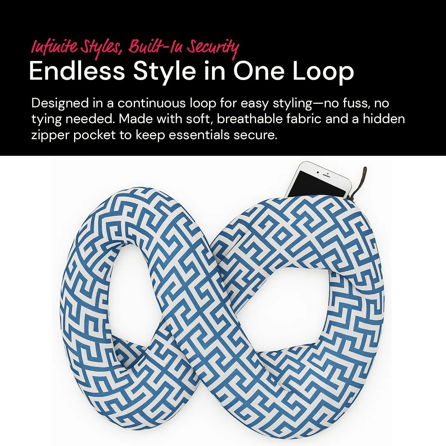 Infinity Scarf for Women - Travel Scarf with Hidden Pocket - Greek Key Pattern Scarves