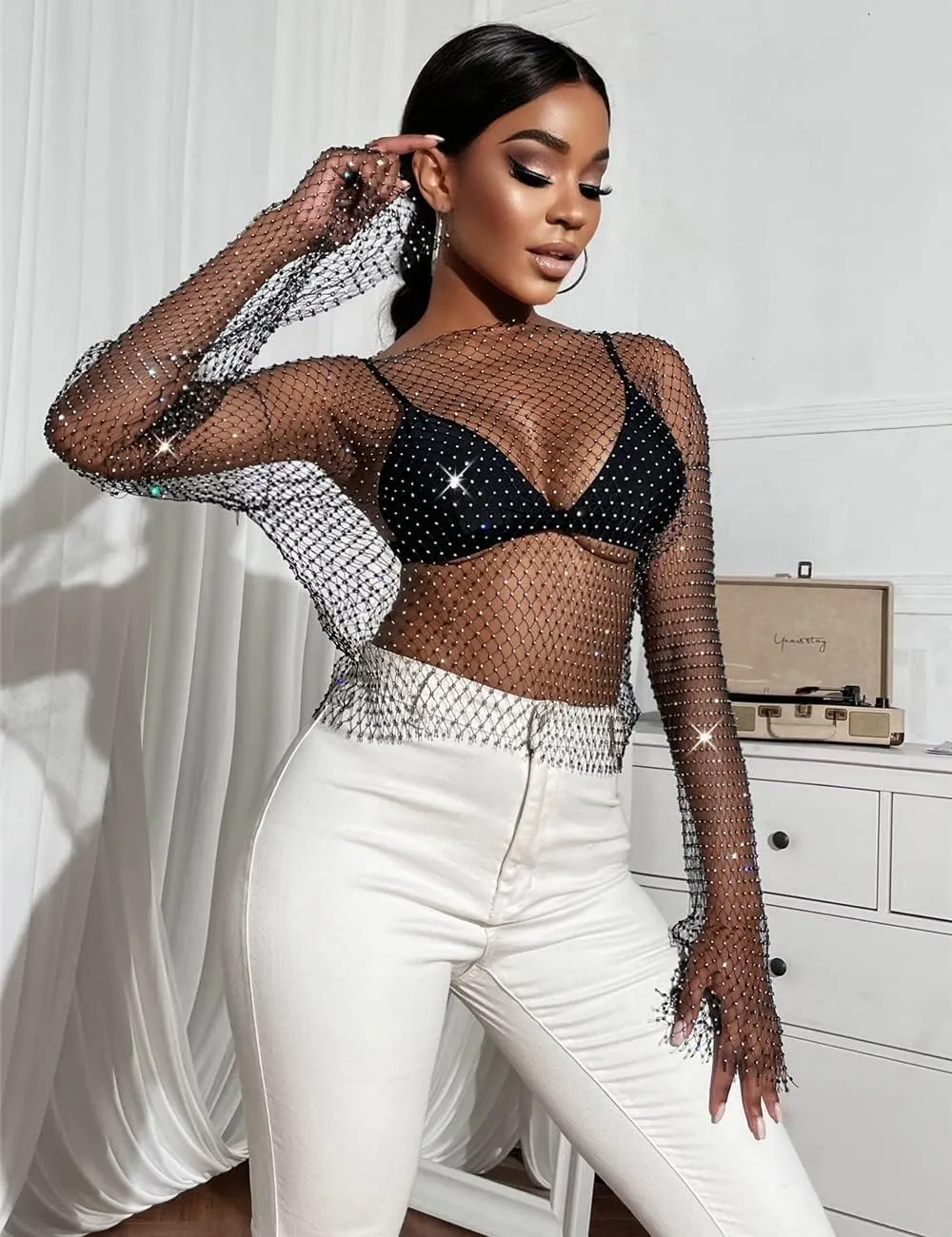 Lrady Women's Rhinestone Mesh Fishnet Bodycon Club Dress See Through Beach Swimwear Bikini Cover Up