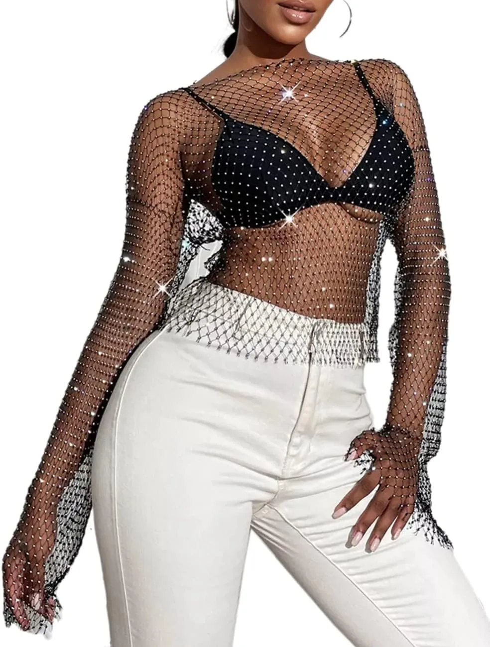Lrady Women's Rhinestone Mesh Fishnet Bodycon Club Dress See Through Beach Swimwear Bikini Cover Up