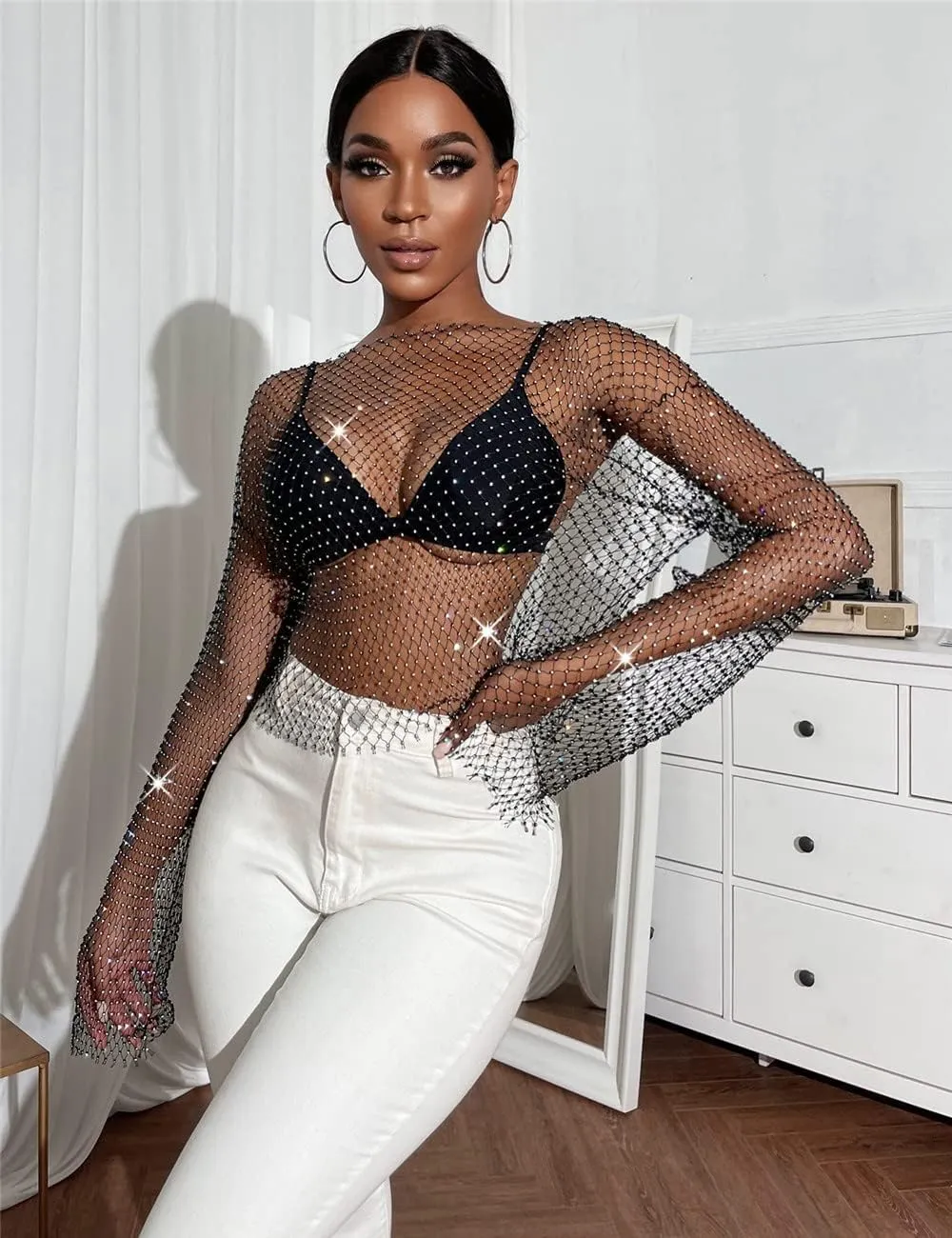 Lrady Women's Rhinestone Mesh Fishnet Bodycon Club Dress See Through Beach Swimwear Bikini Cover Up