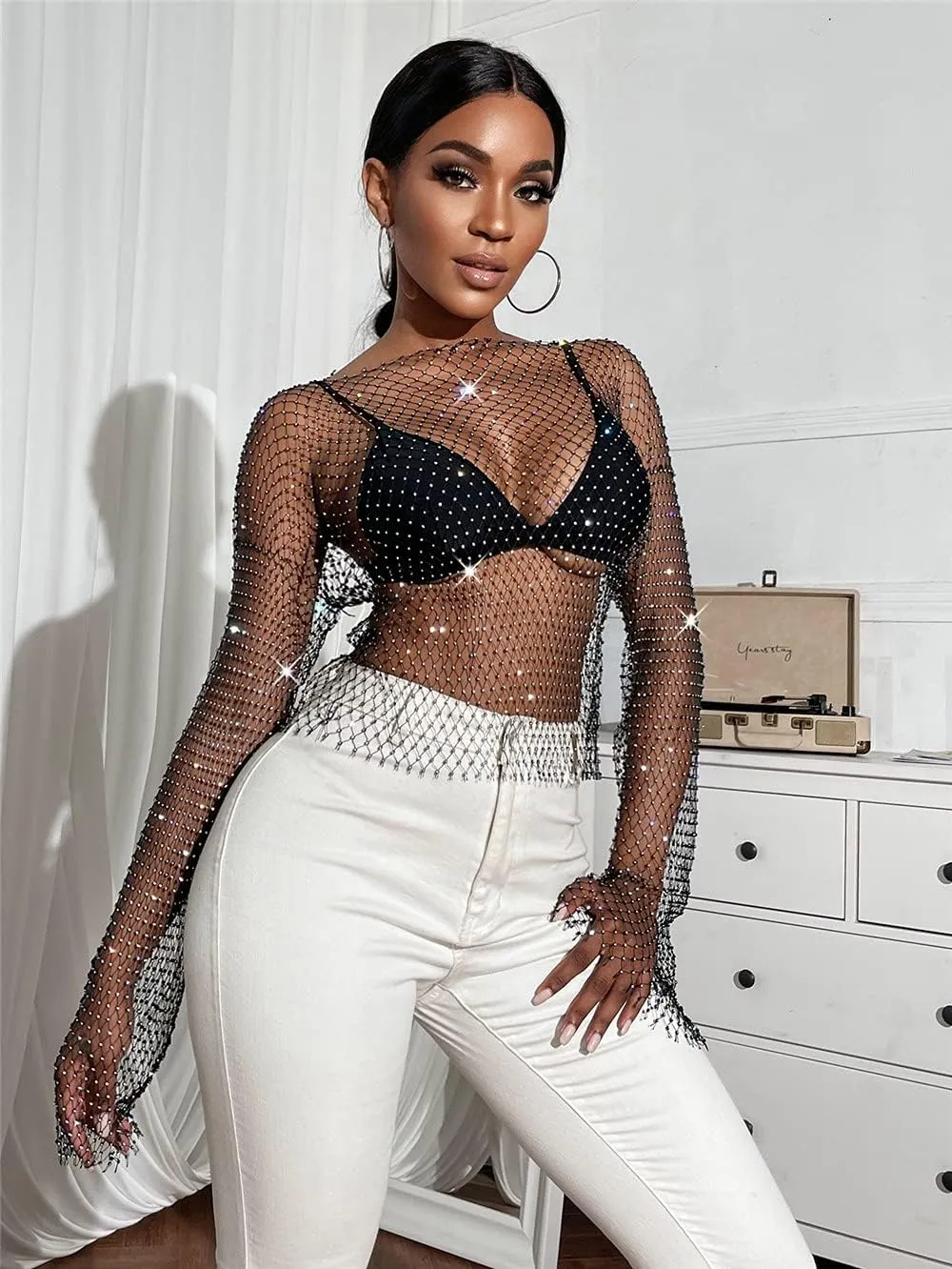 Lrady Women's Rhinestone Mesh Fishnet Bodycon Club Dress See Through Beach Swimwear Bikini Cover Up