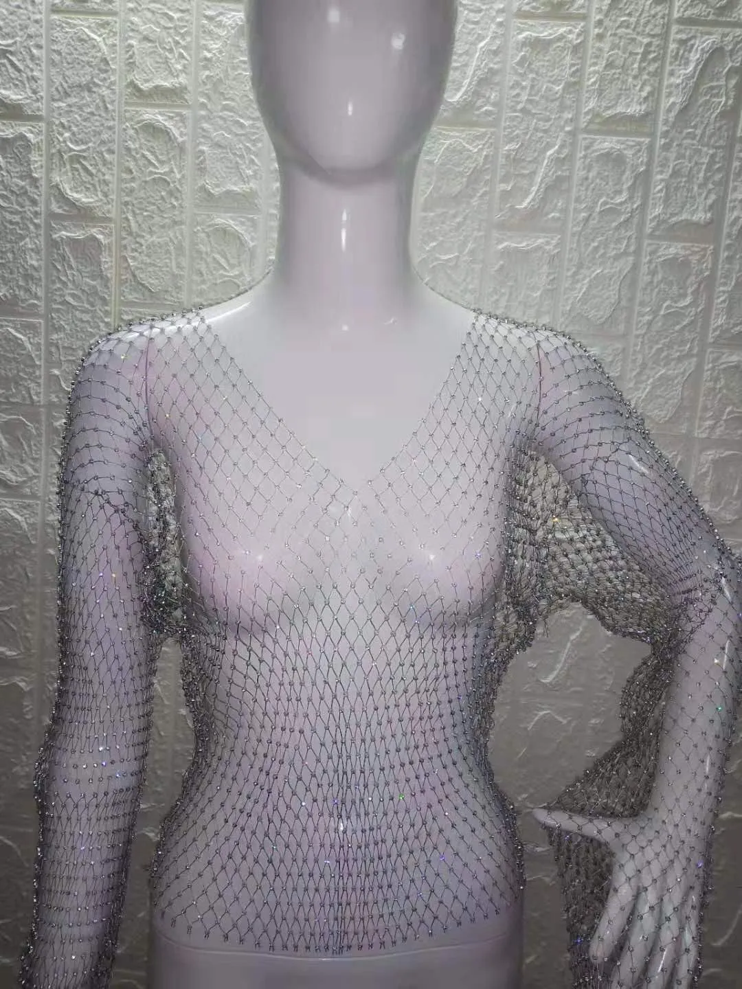 Lrady Women's Rhinestone Mesh Fishnet Bodycon Club Dress See Through Beach Swimwear Bikini Cover Up