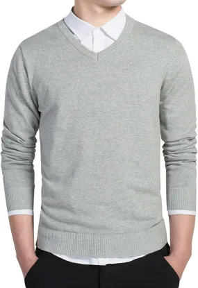 Men's Essential Long Sleeve V-Neck Sweater Soft Touch Slim Pullover Regular Fit Cotton Sweater