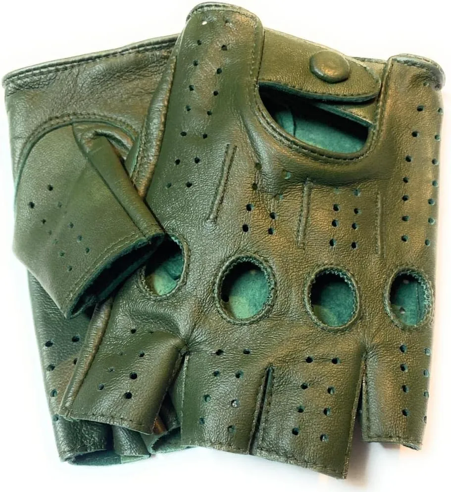 Men's Genuine Sheep Leather Half Finger Driving Cycling Motorbike Exercise and Fitness Fingerless Unlined Gloves