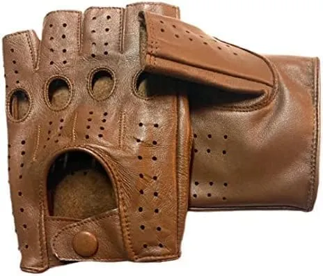 Men's Genuine Sheep Leather Half Finger Driving Cycling Motorbike Exercise and Fitness Fingerless Unlined Gloves
