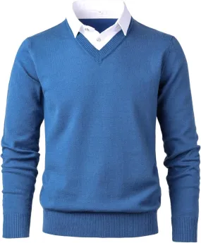 Men's Knit Sweater Fashion Pullover Soft Touch V-Neck Sweatshirt Top with Plaid or White Mock Shirt Collar