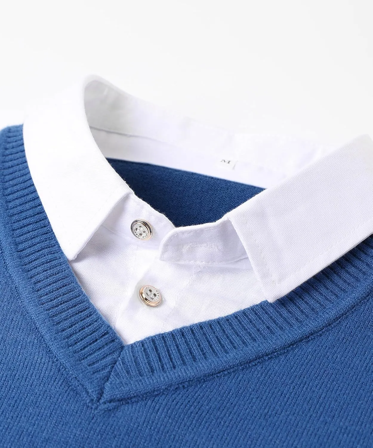 Men's Knit Sweater Fashion Pullover Soft Touch V-Neck Sweatshirt Top with Plaid or White Mock Shirt Collar